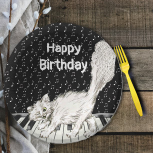 Cute Happy Birthday Cat on Piano Keys Music Notes Paper Bowls