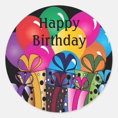 Cute Happy  Birthday  Colorful Balloons  Gifts Classic Round Sticker