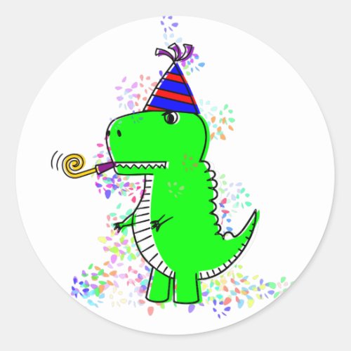 Cute Happy Birthday Dinosaur Confetti Classic Round Sticker