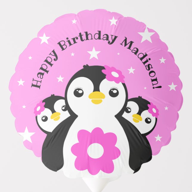 Cute Happy Birthday Girl Penguins Pink Flowers Balloon (Front)
