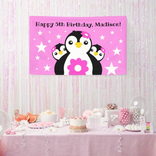 Cute Happy Birthday Girl Penguins Pink Flowers Banner