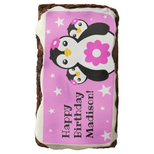 Cute Happy Birthday Girl Penguins Pink Flowers Brownie (Rotated)