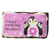 Cute Happy Birthday Girl Penguins Pink Flowers Brownie (Front)