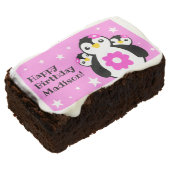 Cute Happy Birthday Girl Penguins Pink Flowers Brownie (Angled)