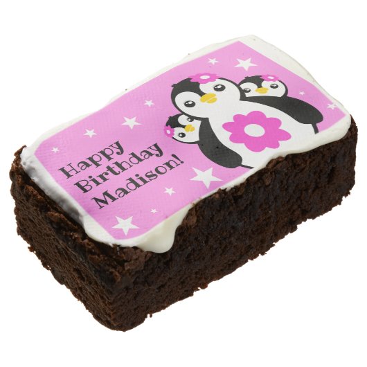Cute Happy Birthday Girl Penguins Pink Flowers Brownie (Angled)