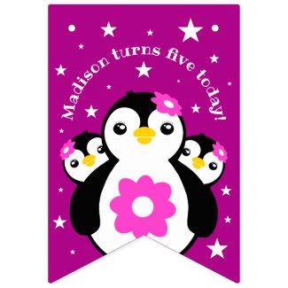 Cute Happy Birthday Girl Penguins Pink Flowers Bunting Flags