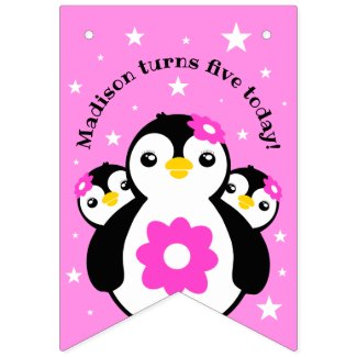 Cute Happy Birthday Girl Penguins Pink Flowers Bunting Flags