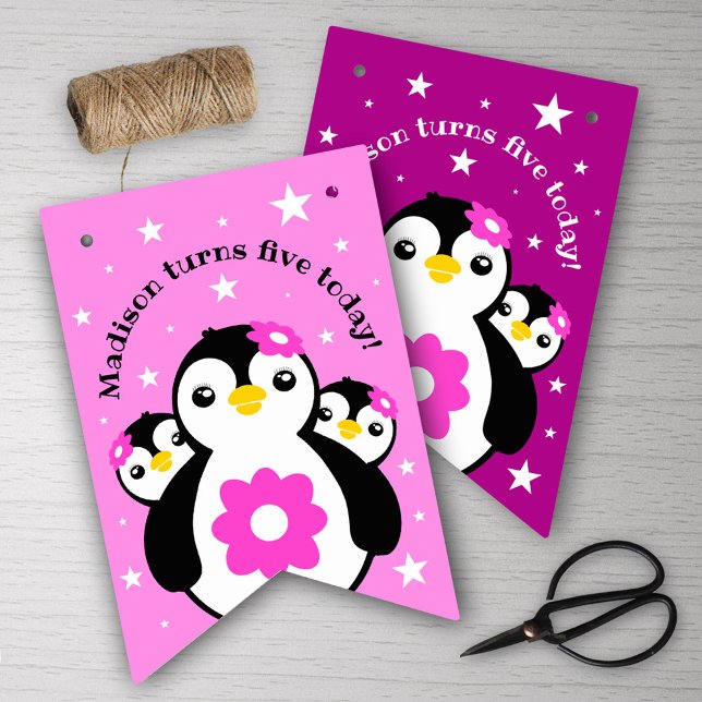 Cute Happy Birthday Girl Penguins Pink Flowers Bunting Flags (Cute Happy Birthday Girl Penguins Pink Flowers Bunting Flags Cover Photo.)