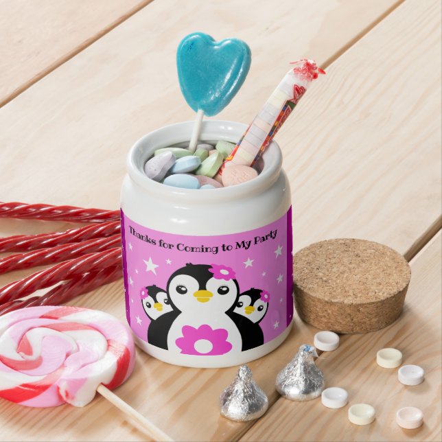 Cute Happy Birthday Girl Penguins Pink Flowers Candy Jar (In Situ)