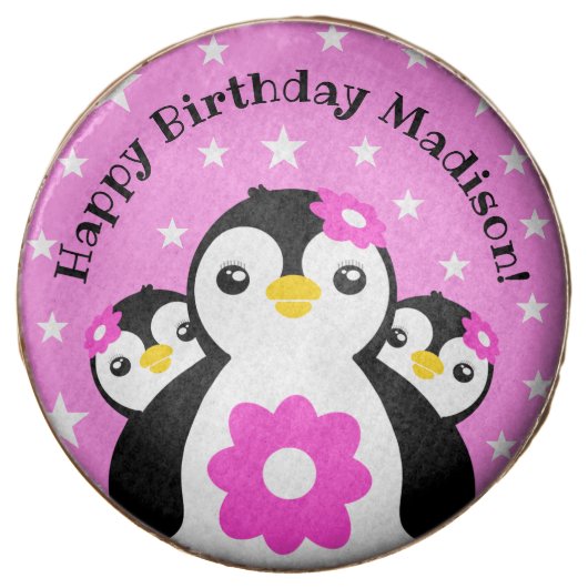 Cute Happy Birthday Girl Penguins Pink Flowers Chocolate Covered Oreo (Front)