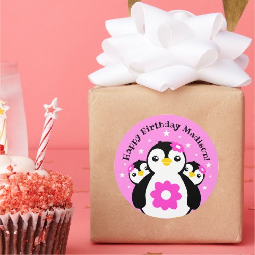 Cute Happy Birthday Girl Penguins Pink Flowers Classic Round Sticker
