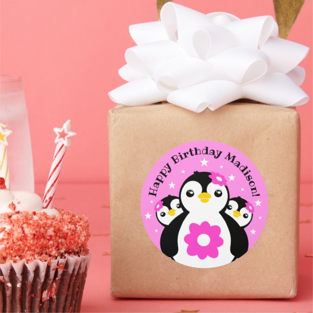 Cute Happy Birthday Girl Penguins Pink Flowers Classic Round Sticker (Party)