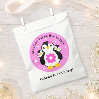 Cute Happy Birthday Girl Penguins Pink Flowers Favor Bag