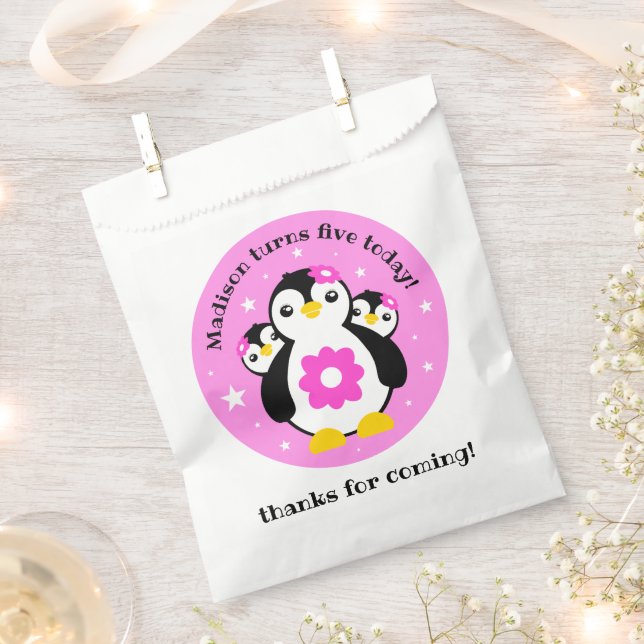 Cute Happy Birthday Girl Penguins Pink Flowers Favor Bag (Clipped)