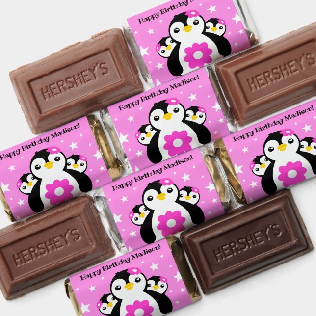 Cute Happy Birthday Girl Penguins Pink Flowers Hershey's Miniatures (Assorted)