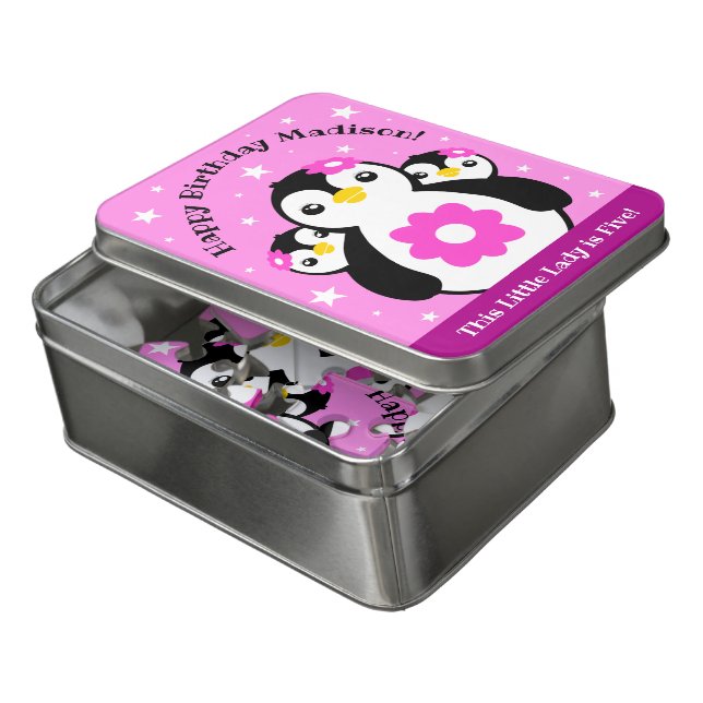Cute Happy Birthday Girl Penguins Pink Flowers Jigsaw Puzzle (Lid Open)