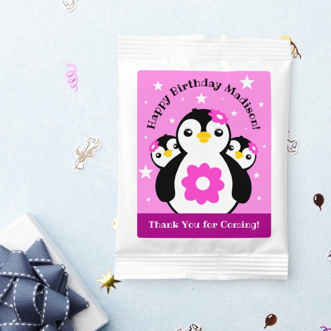 Cute Happy Birthday Girl Penguins Pink Flowers Lemonade Drink Mix (Packets)
