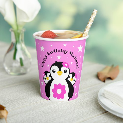 Cute Happy Birthday Girl Penguins Pink Flowers Paper Cups