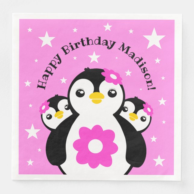 Cute Happy Birthday Girl Penguins Pink Flowers Paper Dinner Napkins (Front)