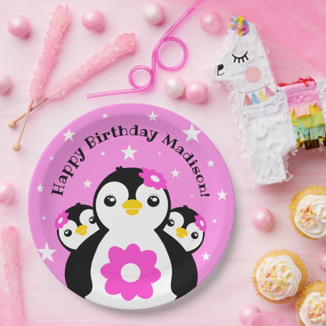Cute Happy Birthday Girl Penguins Pink Flowers Paper Plates (Party)