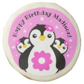 Cute Happy Birthday Girl Penguins Pink Flowers Sugar Cookie (Front)