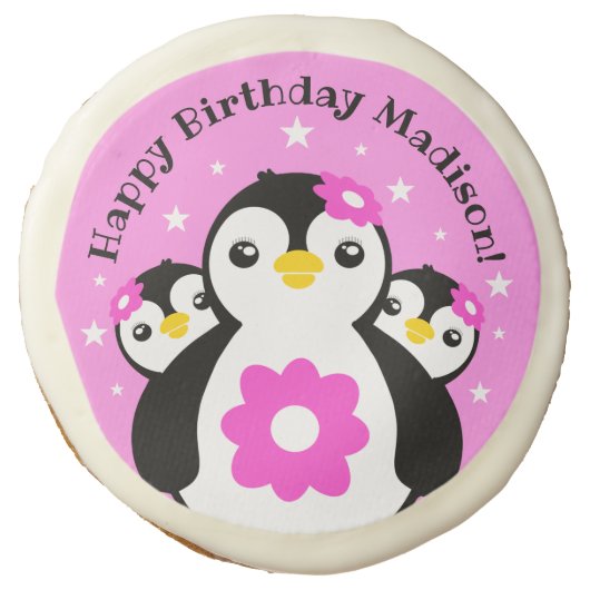 Cute Happy Birthday Girl Penguins Pink Flowers Sugar Cookie (Front)