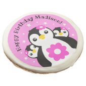 Cute Happy Birthday Girl Penguins Pink Flowers Sugar Cookie (Angled)
