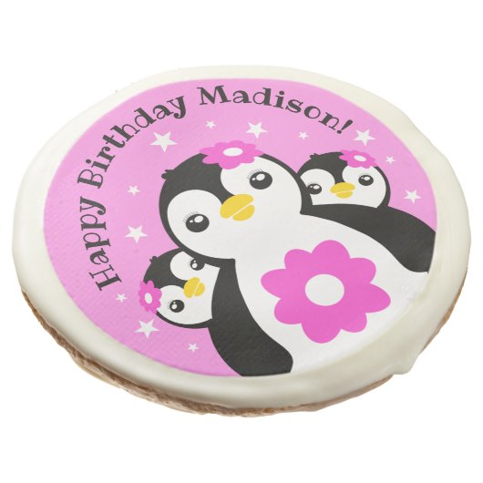 Cute Happy Birthday Girl Penguins Pink Flowers Sugar Cookie (Angled)