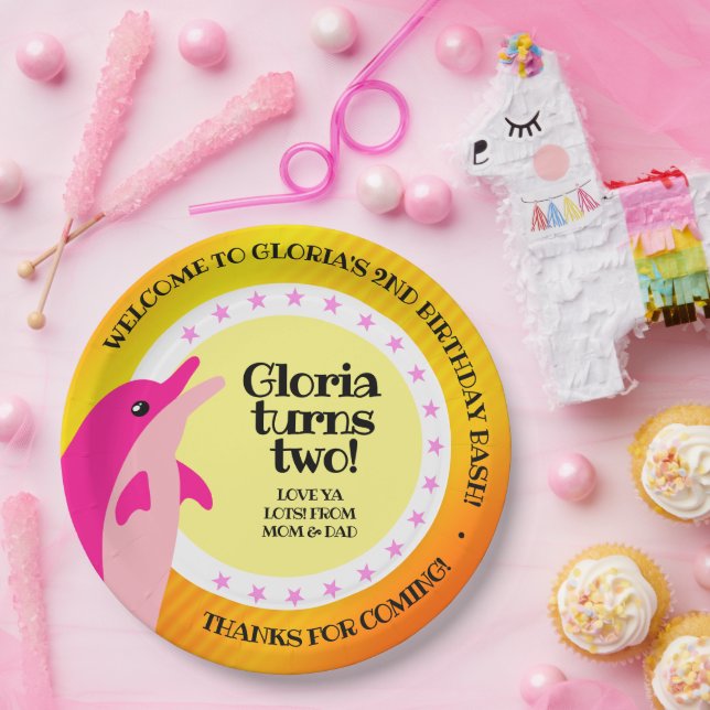 Cute Happy Birthday Girl Pink Dolphin in the Sun Paper Plates (Party)