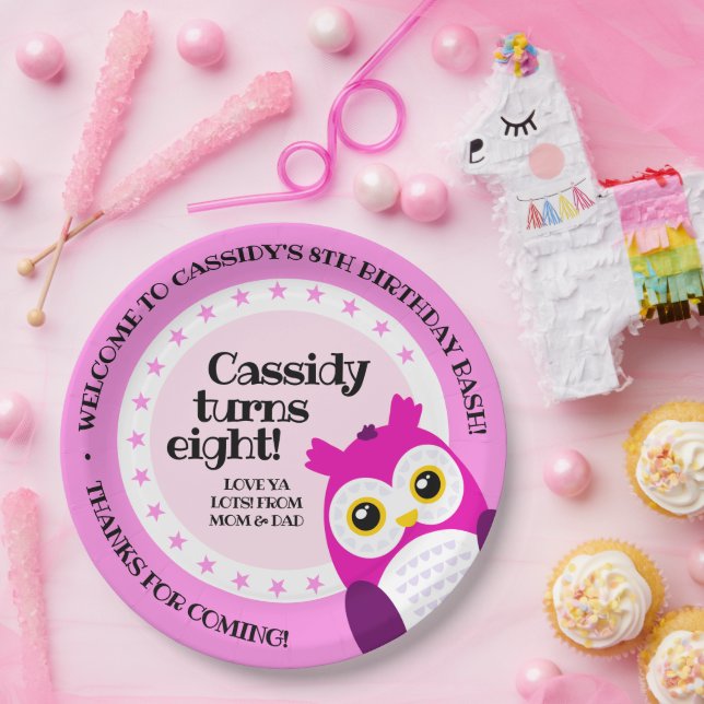 Cute Happy Birthday Girl Pink Owl Paper Plates (Party)