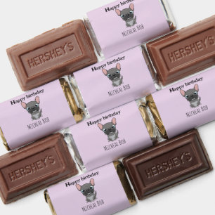 Cute happy birthday gray pug dog purple hershey's miniatures
