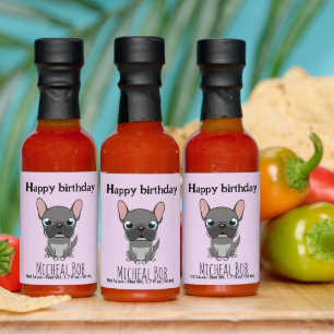Cute happy birthday gray pug dog purple hot sauces