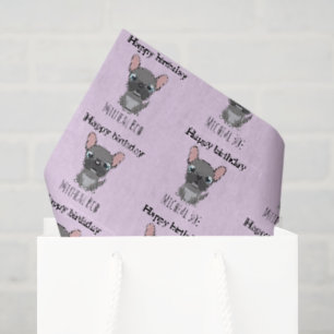 Cute happy birthday gray pug dog purple tissue paper