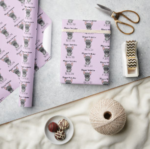 Cute happy birthday gray pug dog purple wrapping paper
