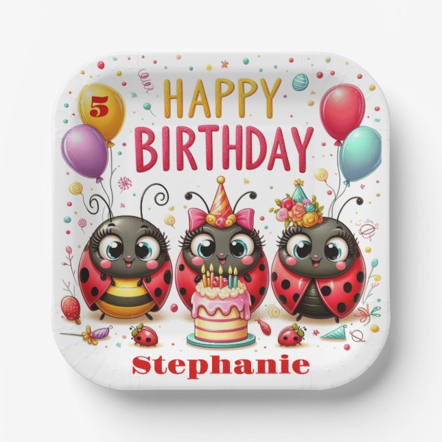 Cute Happy Birthday Ladybug Red And Black Insect Paper Plates (Front)