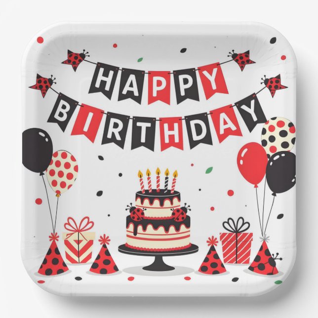 Cute Happy Birthday ladybug theme Paper Plates (Front)