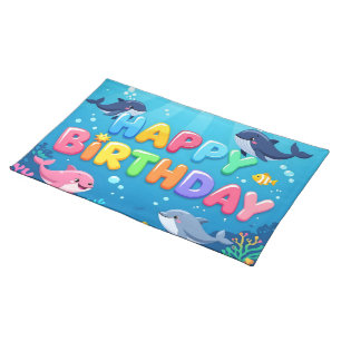 Cute Happy Birthday nautical dolphin Cloth Placemat
