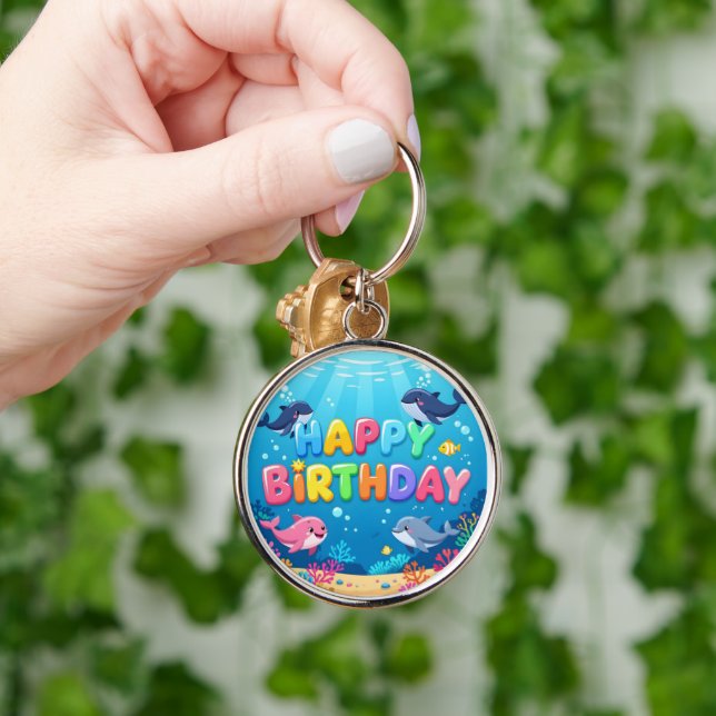 Cute Happy Birthday nautical dolphin Keychain (Hand)