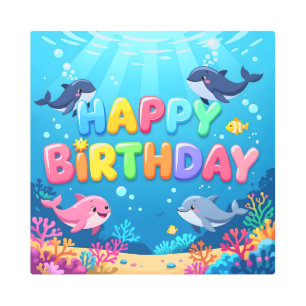 Cute Happy Birthday nautical dolphin Metal Print