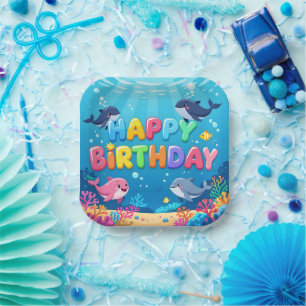 Cute Happy Birthday nautical dolphin Paper Plates