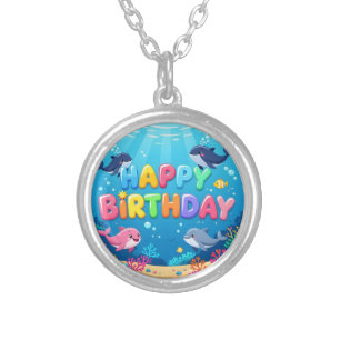 Cute Happy Birthday nautical dolphin Silver Plated Necklace