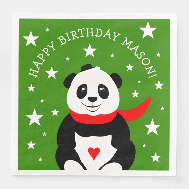 Cute Happy Birthday Panda with Bowler Hat & Scarf Paper Dinner Napkins (Front)