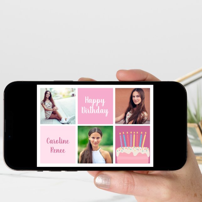 Cute Happy Birthday Pink Photo Collage Custom Card (Front Digital)