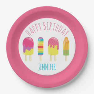 Cute Happy Birthday Popsicle Party Colorful pink Paper Plates