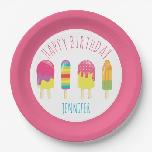 Cute Happy Birthday Popsicle Party Colorful pink Paper Plates