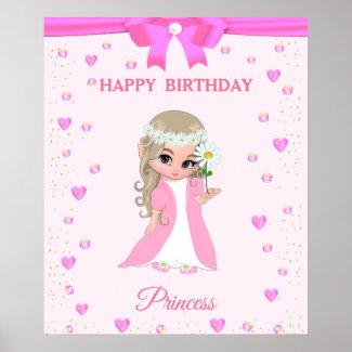 Cute Happy Birthday Princess & Gems on Pink Poster