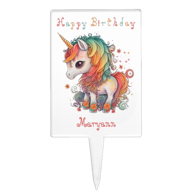 Cute Happy Birthday Rainbow Unicorn Cake Topper (Front)