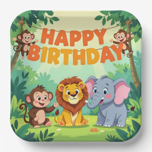 Cute Happy Birthday safari theme Paper Plates (Front)