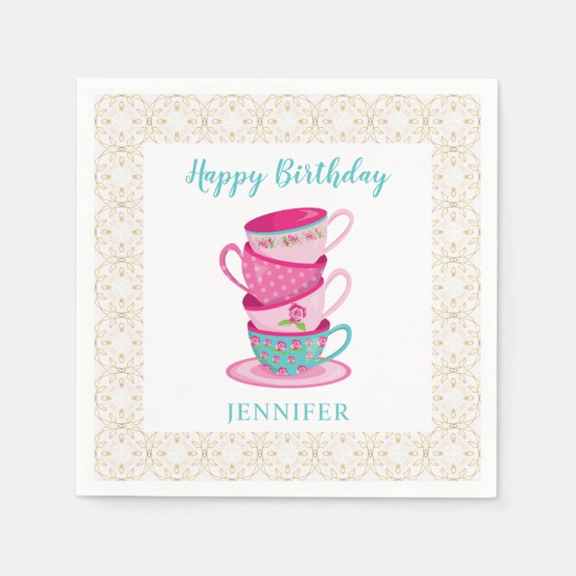 Cute Happy Birthday Tea Party Pink Whimsical cups Napkins (Front)