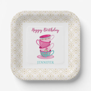 Cute Happy Birthday Tea Party Pink Whimsical Paper Plates